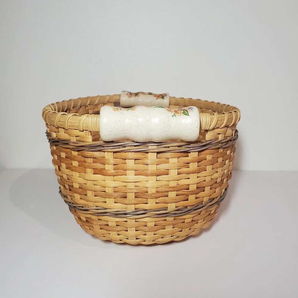Signed‎ Artisan Woven Splint Bread Basket Wood Base Floral Porcelain Handles